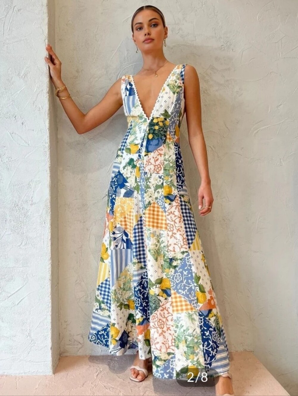 Lemonade Print Lace Trim Long Dress With Pockets